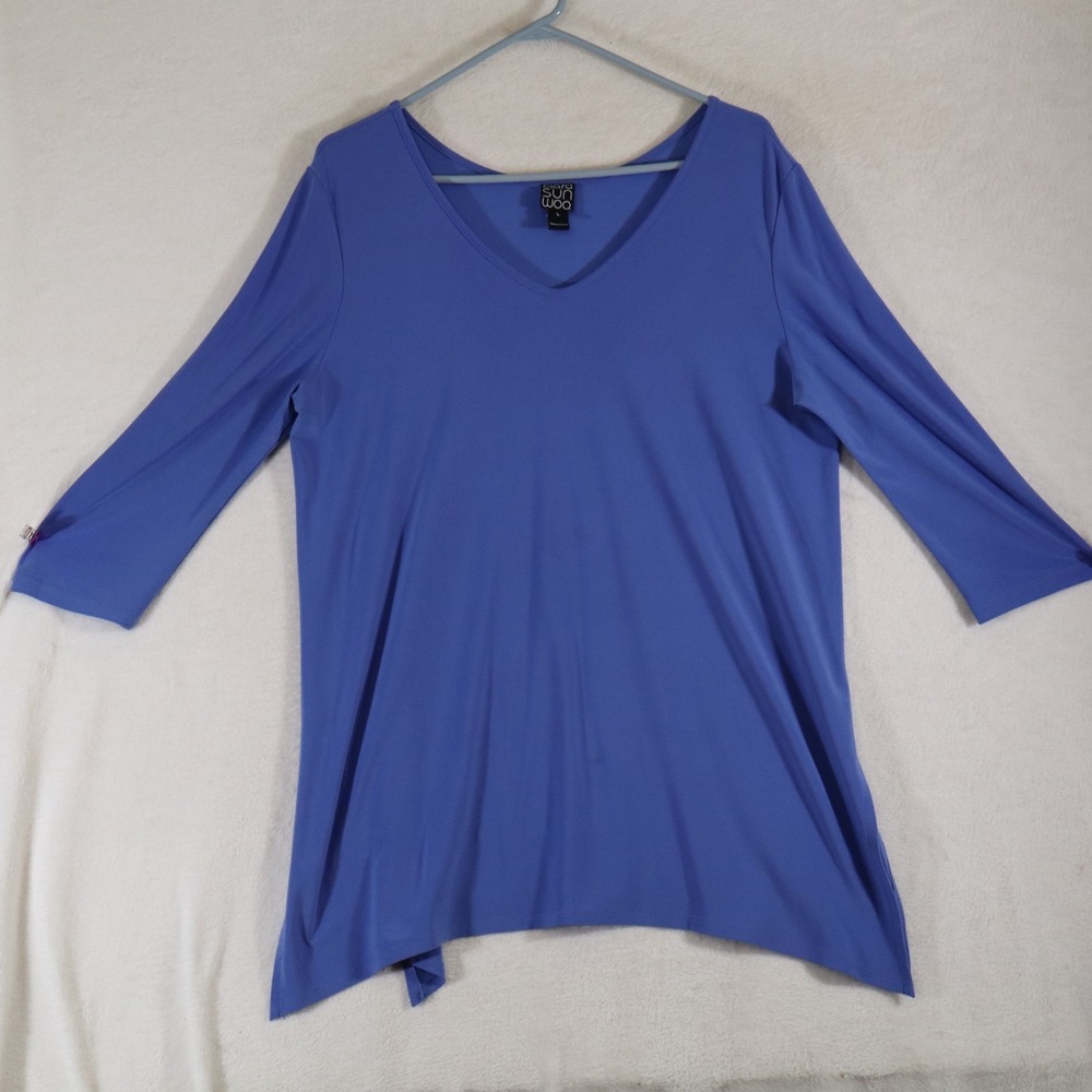 Clara Sunwoo Women's Size L Periwinkle Blue V-Neck Top 3/4 Sleeve Asymmetric